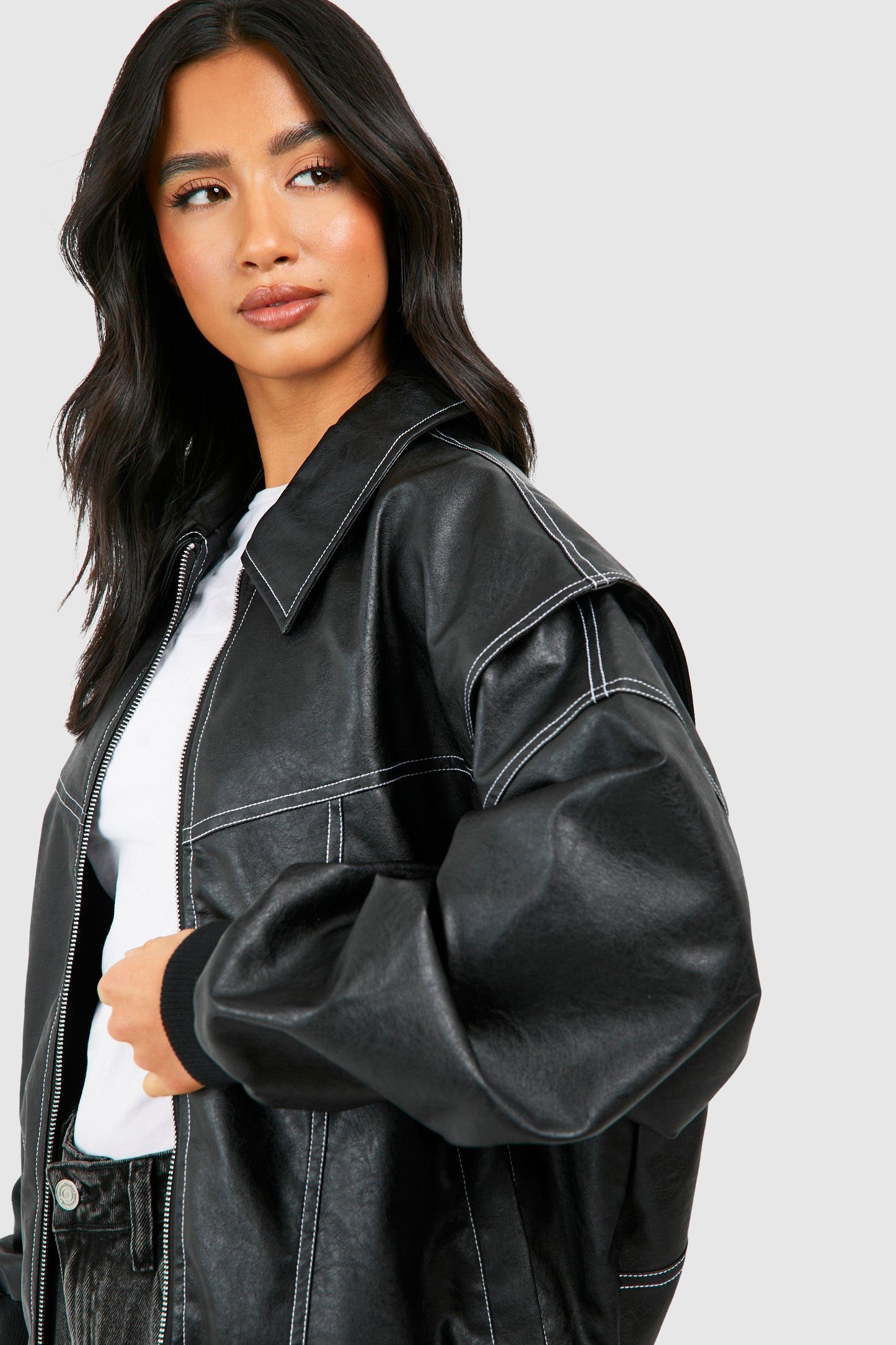 Oversized Faux Leather Bomber Jacket | Edgy Streetwear | Contrast Stitch