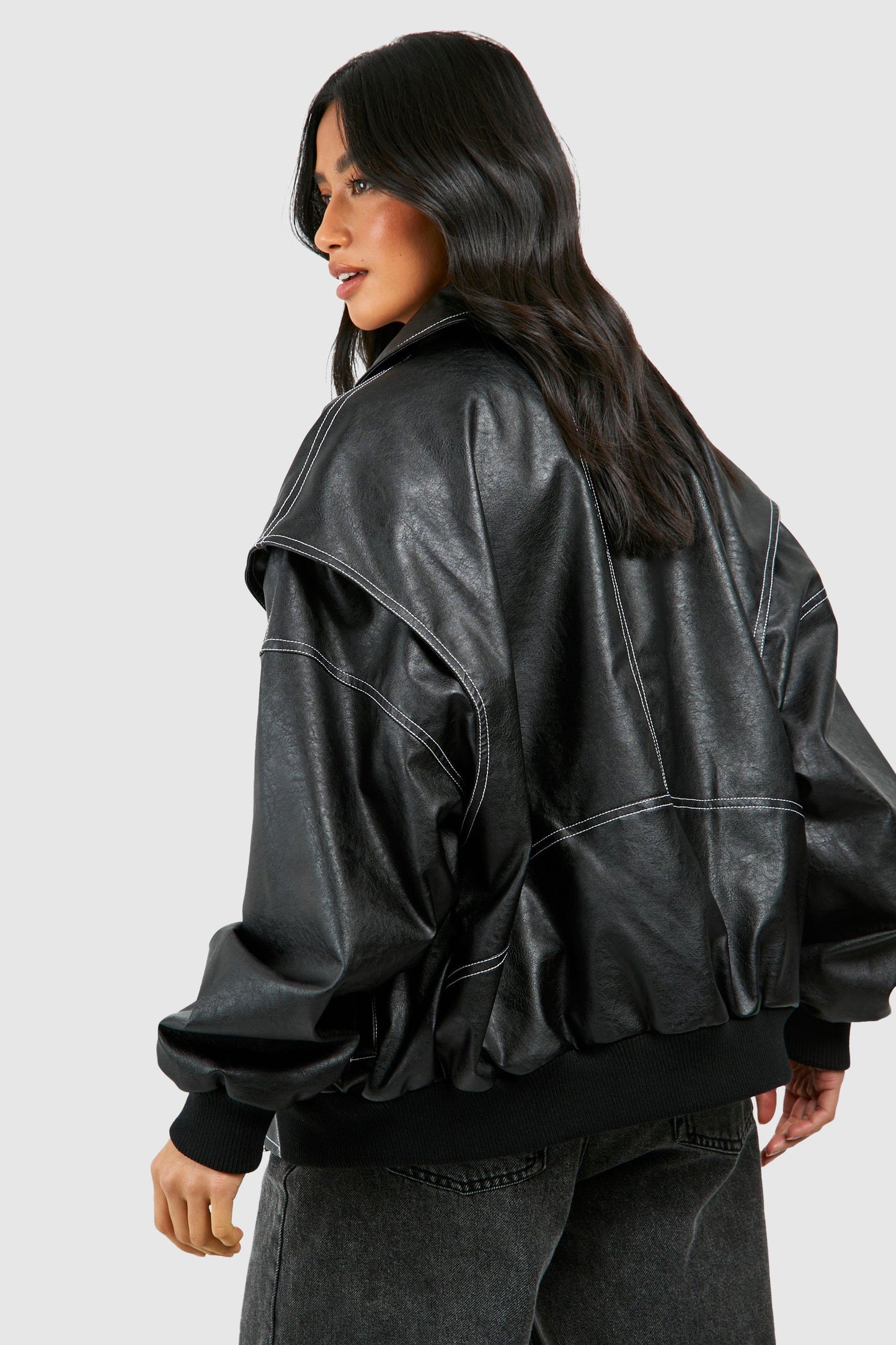 Oversized Faux Leather Bomber Jacket | Edgy Streetwear | Contrast Stitch