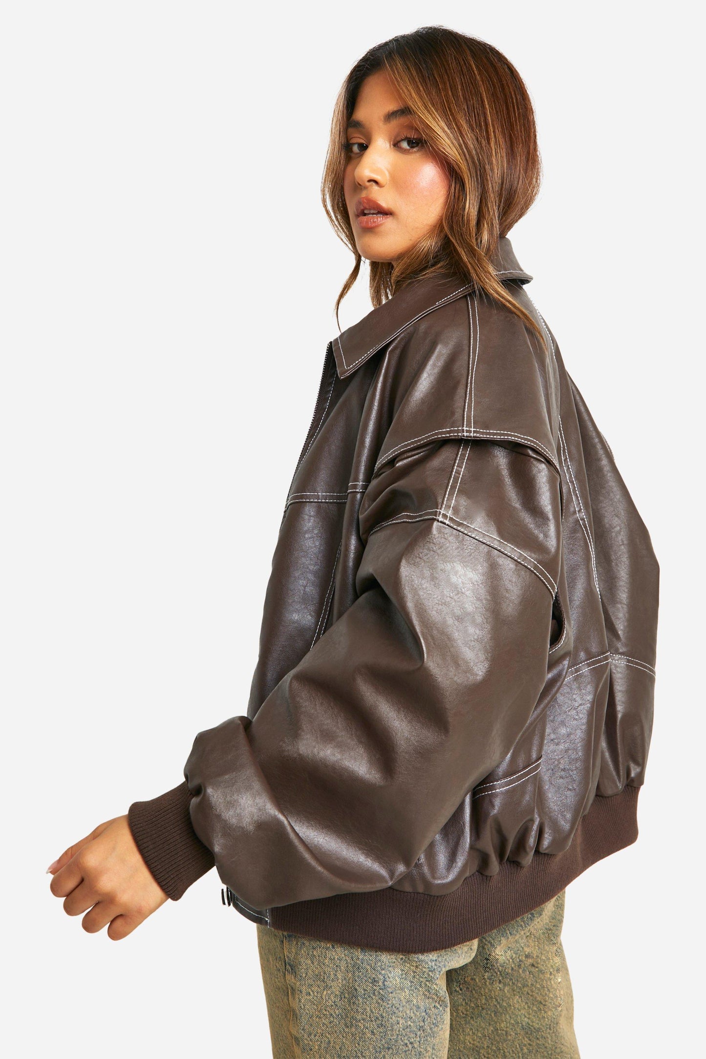 Oversized Faux Leather Bomber Jacket | Edgy Streetwear | Contrast Stitch