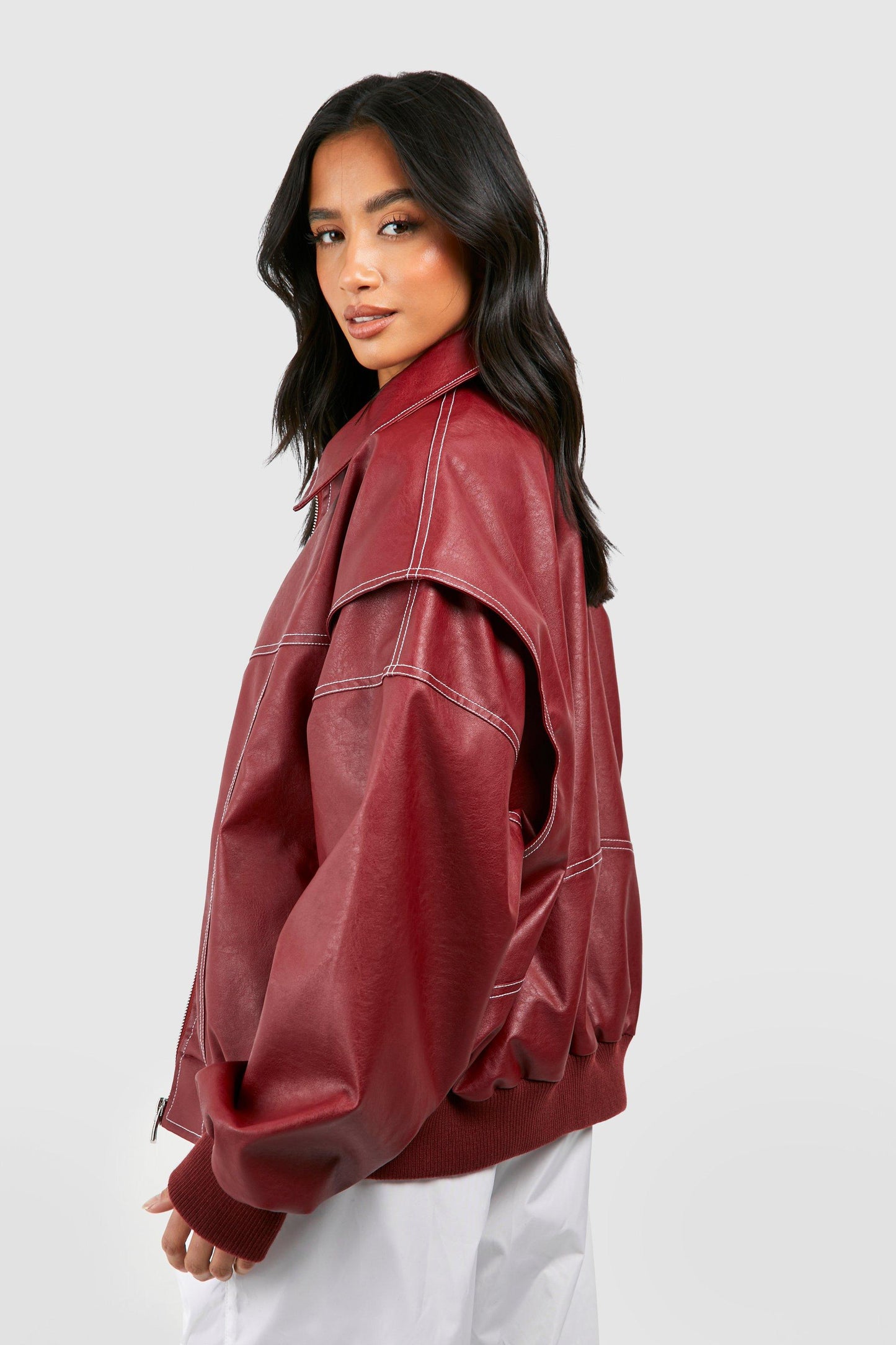 Oversized Faux Leather Bomber Jacket | Edgy Streetwear | Contrast Stitch